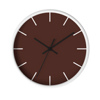 Saddle brown silent wall clock, white base, black hands, white markers, 10 inch, front view.