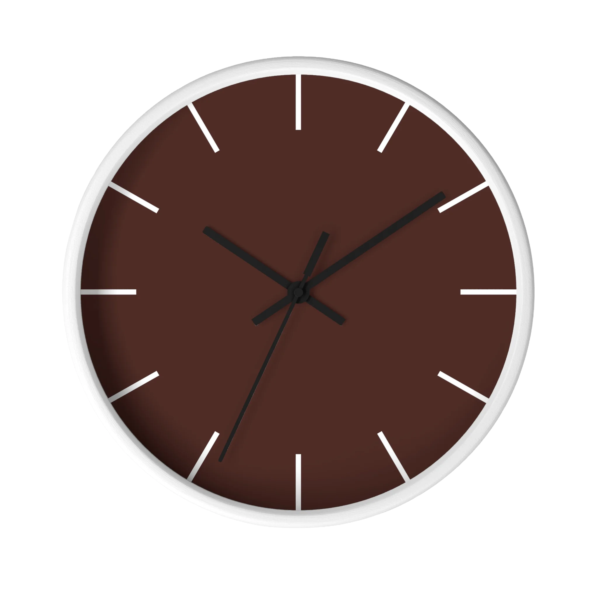 Saddle brown silent wall clock, white base, black hands, white markers, 10 inch, front view.