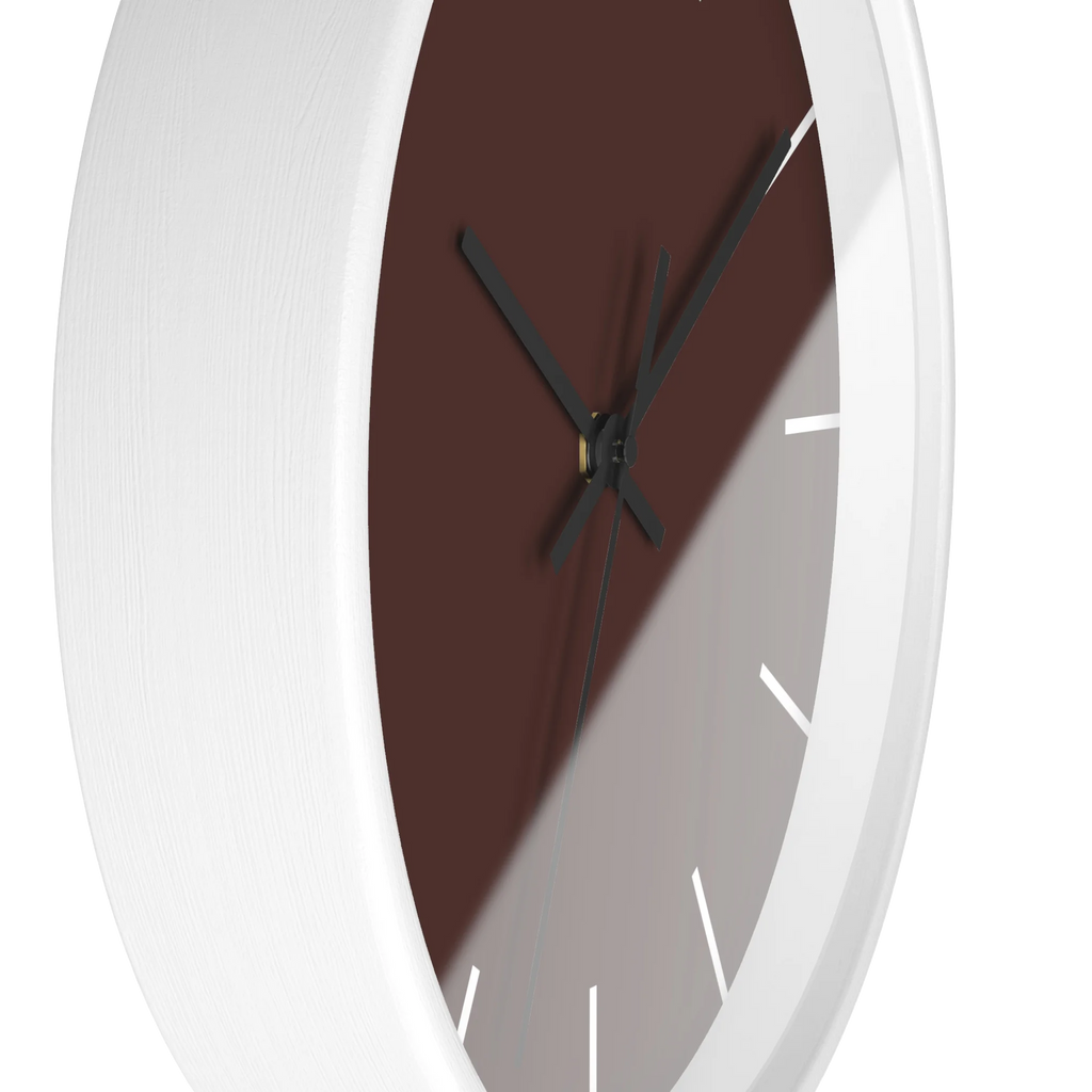 Saddle brown silent wall clock, white base, black hands, white markers, 10 inch, side view.