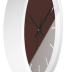 Saddle brown silent wall clock, white base, black hands, white markers, 10 inch, side view.