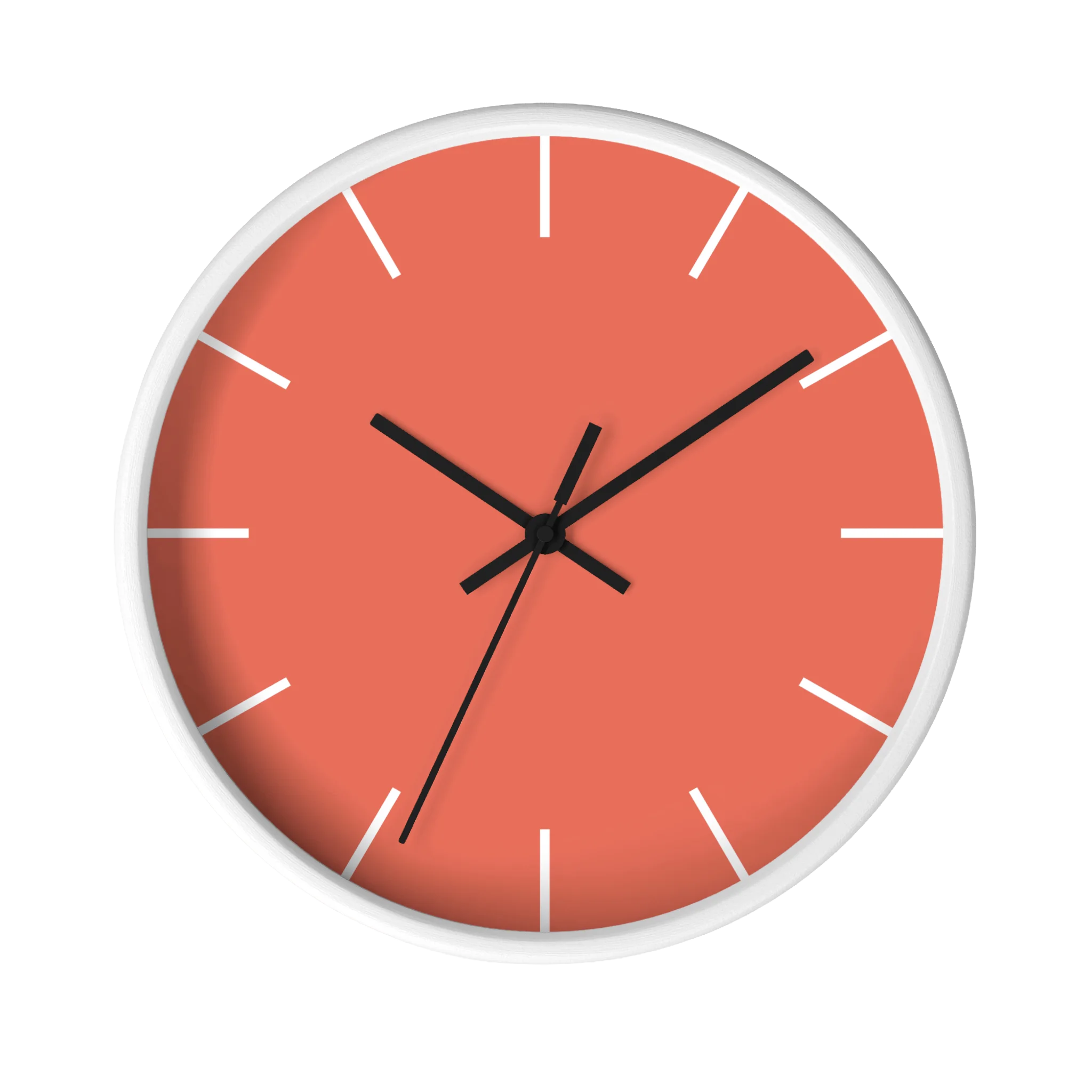 Salmon red coral silent wall clock, white base, black hands, white markers, 10 inch, front view.