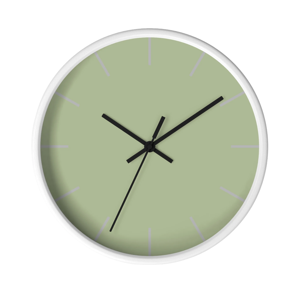Schist green silent wall clock, white base, black hands, light grey markers, 10 inch, front view.