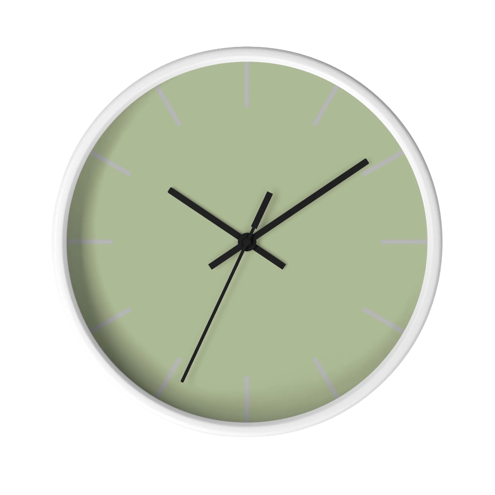 Schist green silent wall clock, white base, black hands, light grey markers, 10 inch, front view.