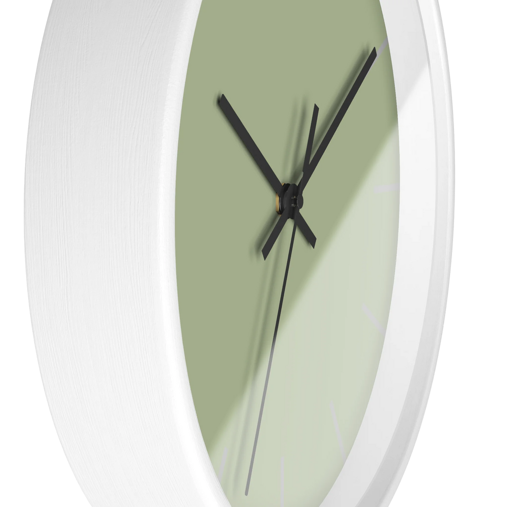Schist green silent wall clock, white base, black hands, light grey markers, 10 inch, side view.