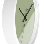 Schist green silent wall clock, white base, black hands, light grey markers, 10 inch, side view.