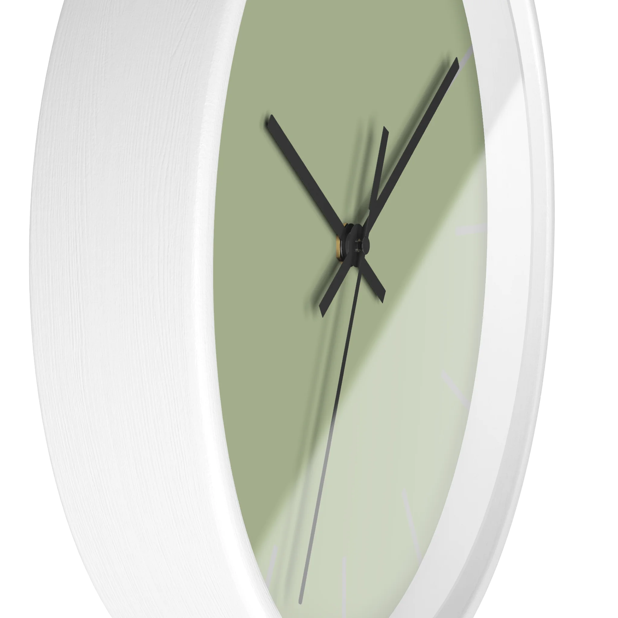 Schist green silent wall clock, white base, black hands, light grey markers, 10 inch, side view.