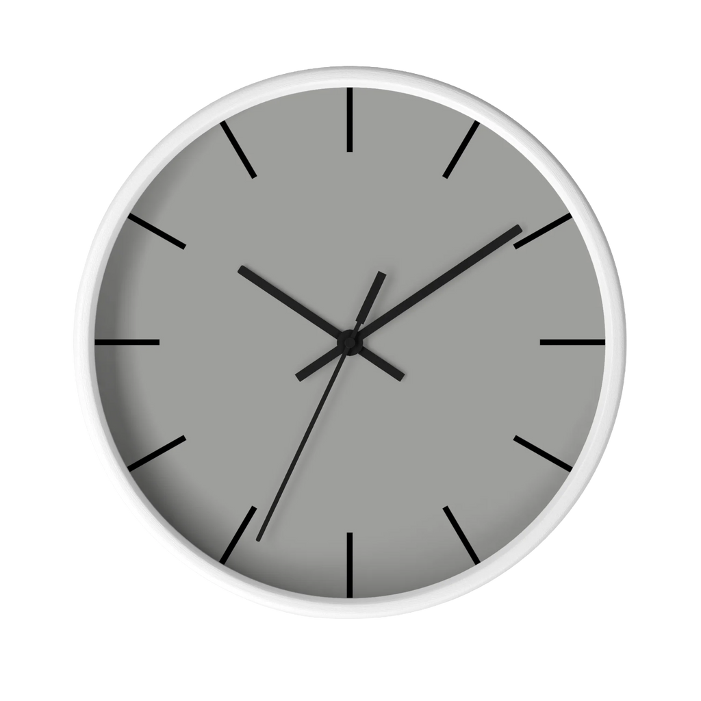 Stardust grey silent wall clock, white base, black hands, black markers, 10 inch, front view.