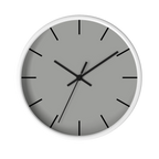 Stardust grey silent wall clock, white base, black hands, black markers, 10 inch, front view.