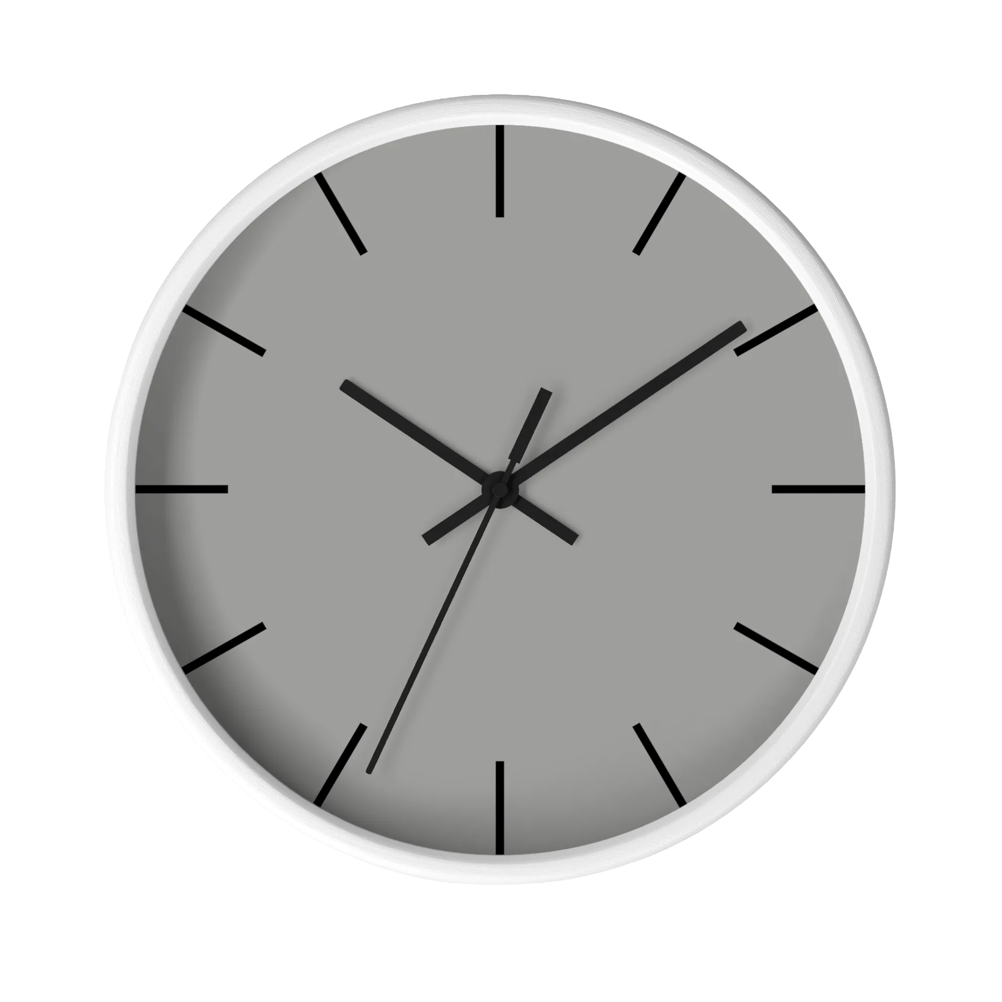 Stardust grey silent wall clock, white base, black hands, black markers, 10 inch, front view.