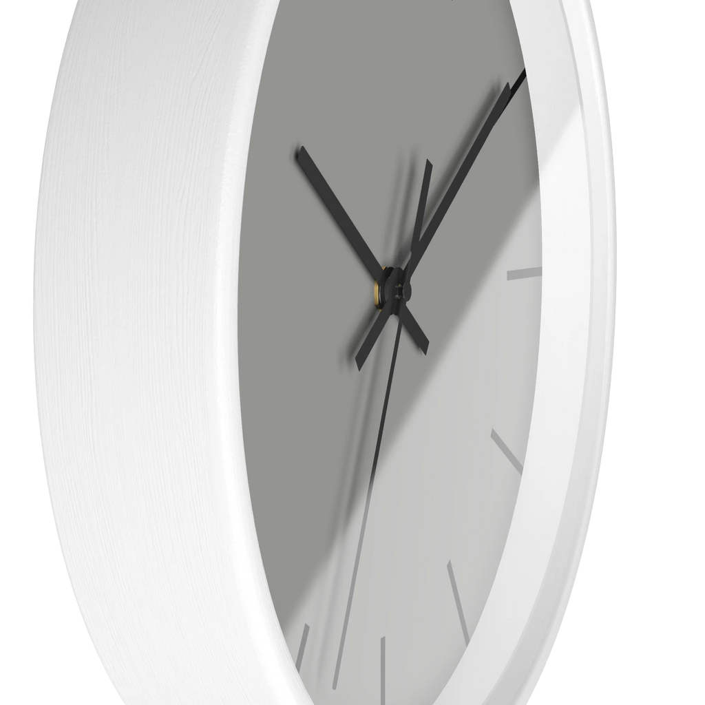 Stardust grey silent wall clock, white base, black hands, black markers, 10 inch, side view.
