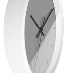 Stardust grey silent wall clock, white base, black hands, black markers, 10 inch, side view.