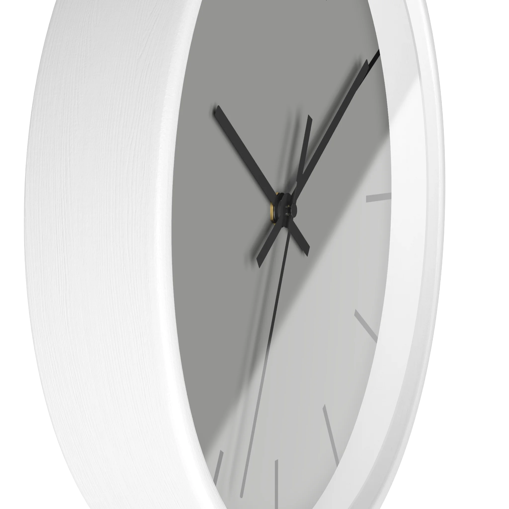 Stardust grey silent wall clock, white base, black hands, black markers, 10 inch, side view.
