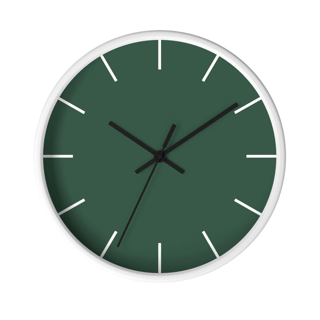 Stromboli green silent wall clock, white base, black hands, white markers, 10 inch, front view.