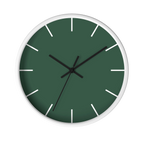 Stromboli green silent wall clock, white base, black hands, white markers, 10 inch, front view.