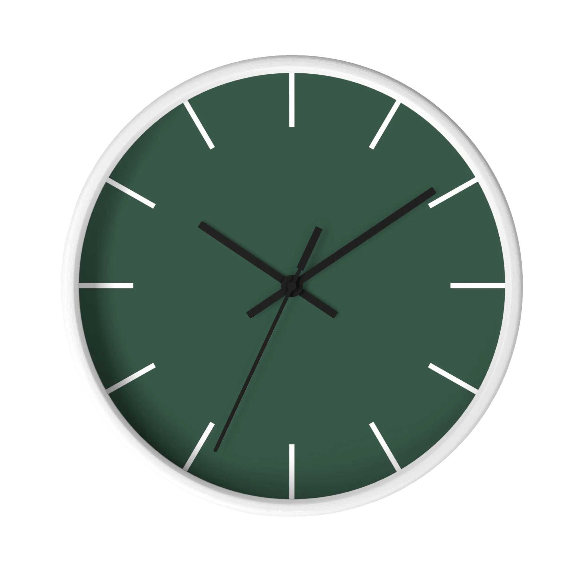 Stromboli green silent wall clock, white base, black hands, white markers, 10 inch, front view.