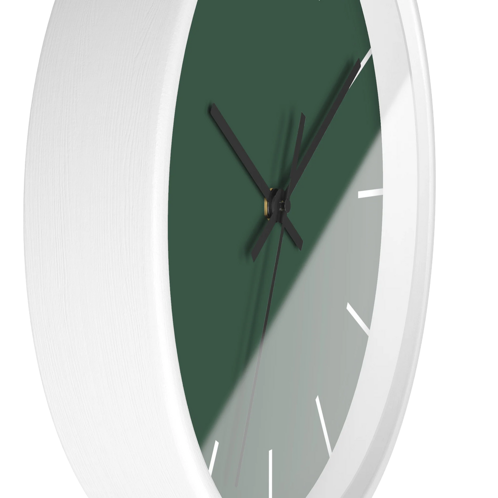 Stromboli green silent wall clock, white base, black hands, white markers, 10 inch, side view.