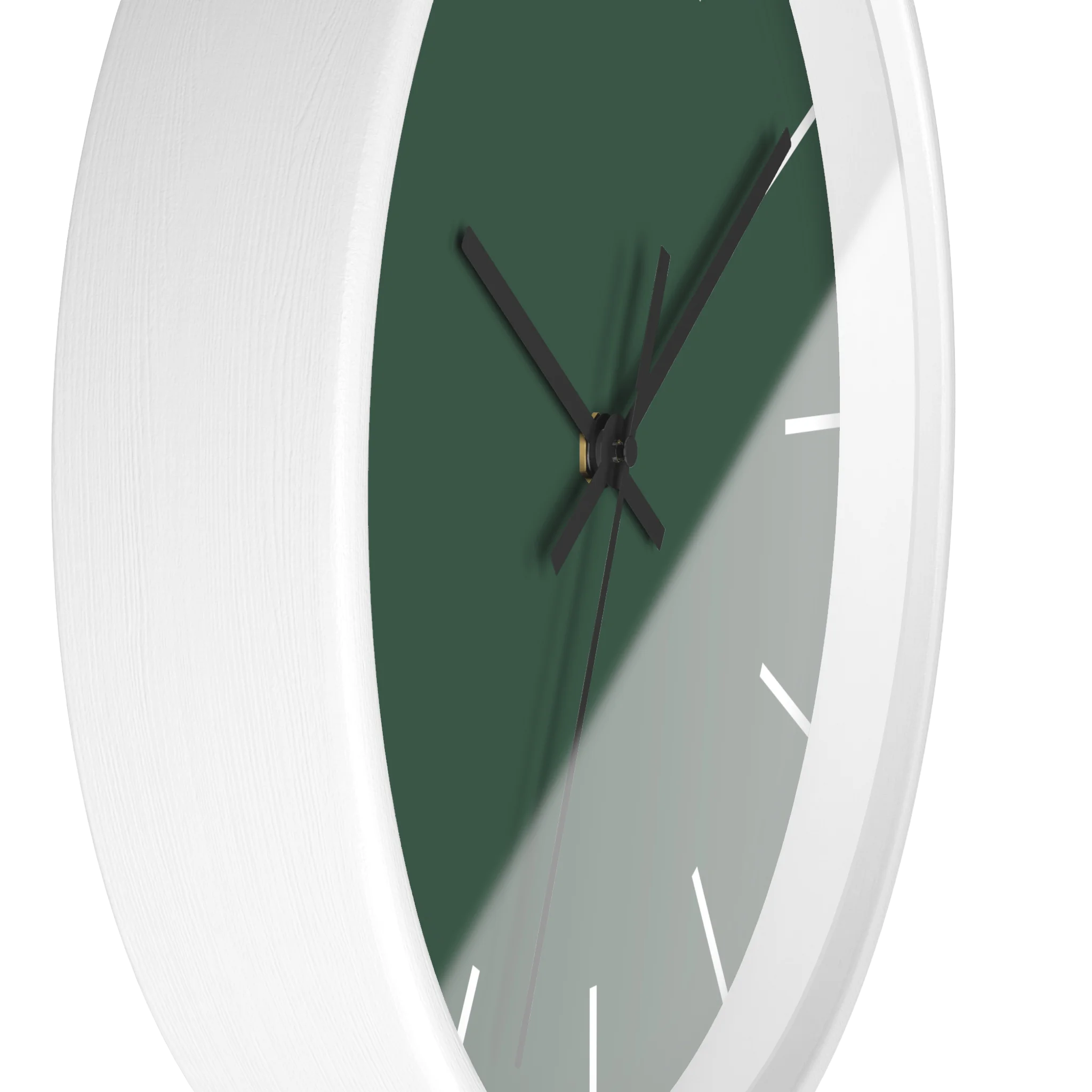 Stromboli green silent wall clock, white base, black hands, white markers, 10 inch, side view.