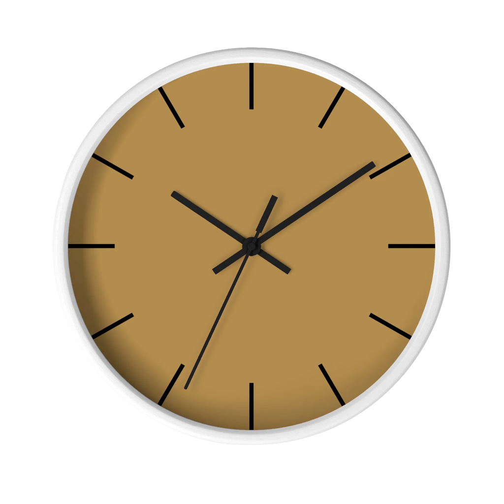 Tan driftwood brown silent wall clock, white base, black hands, black markers, 10 inch, front view.