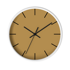 Tan driftwood brown silent wall clock, white base, black hands, black markers, 10 inch, front view.