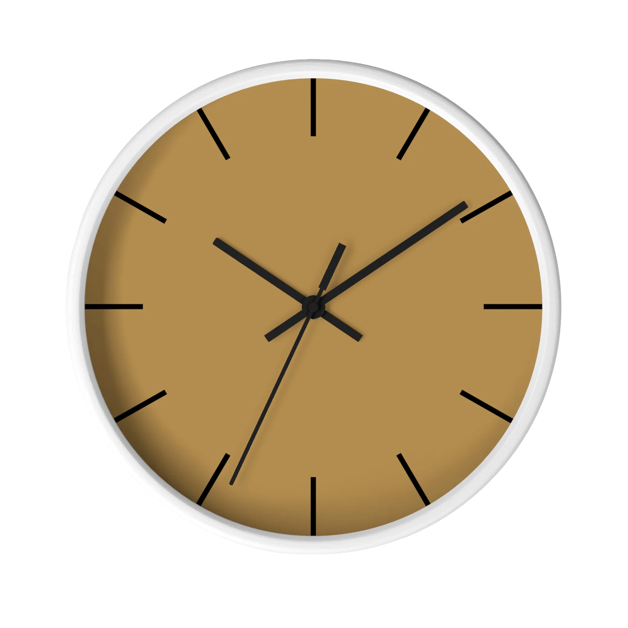 Tan driftwood brown silent wall clock, white base, black hands, black markers, 10 inch, front view.