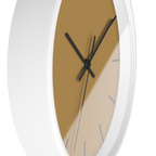 Tan driftwood brown silent wall clock, white base, black hands, black markers, 10 inch, side view.