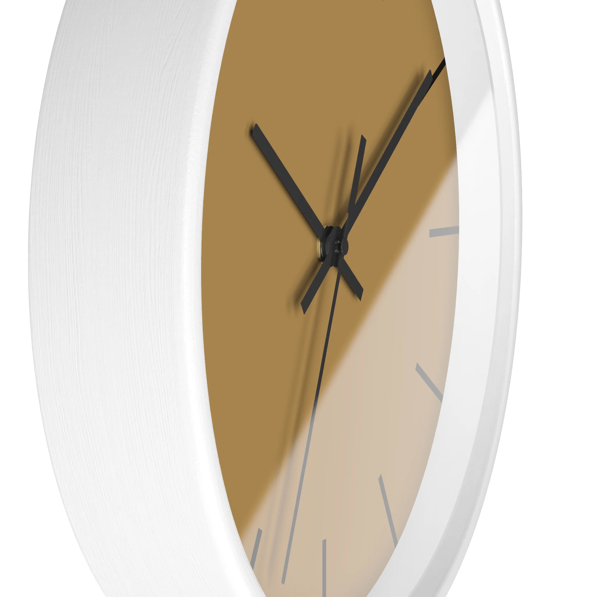 Tan driftwood brown silent wall clock, white base, black hands, black markers, 10 inch, side view.