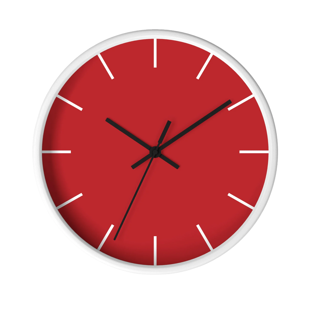 Traditional Red silent wall clock, white base, black hands, white markers, 10 inch, front view.