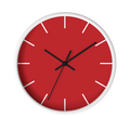 Traditional Red silent wall clock, white base, black hands, white markers, 10 inch, front view.