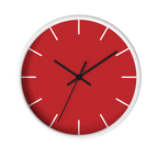 Traditional Red silent wall clock, white base, black hands, white markers, 10 inch, front view.
