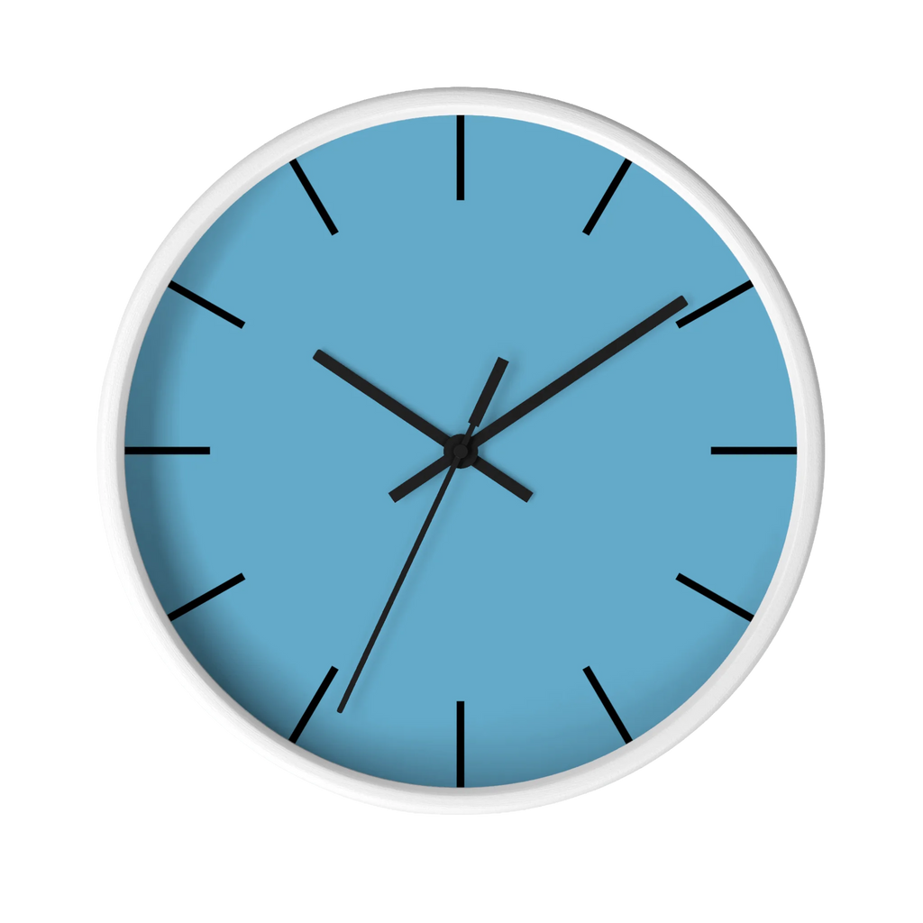 Vintage aqua silent wall clock, white base, black hands, black markers, 10 inch, front view.