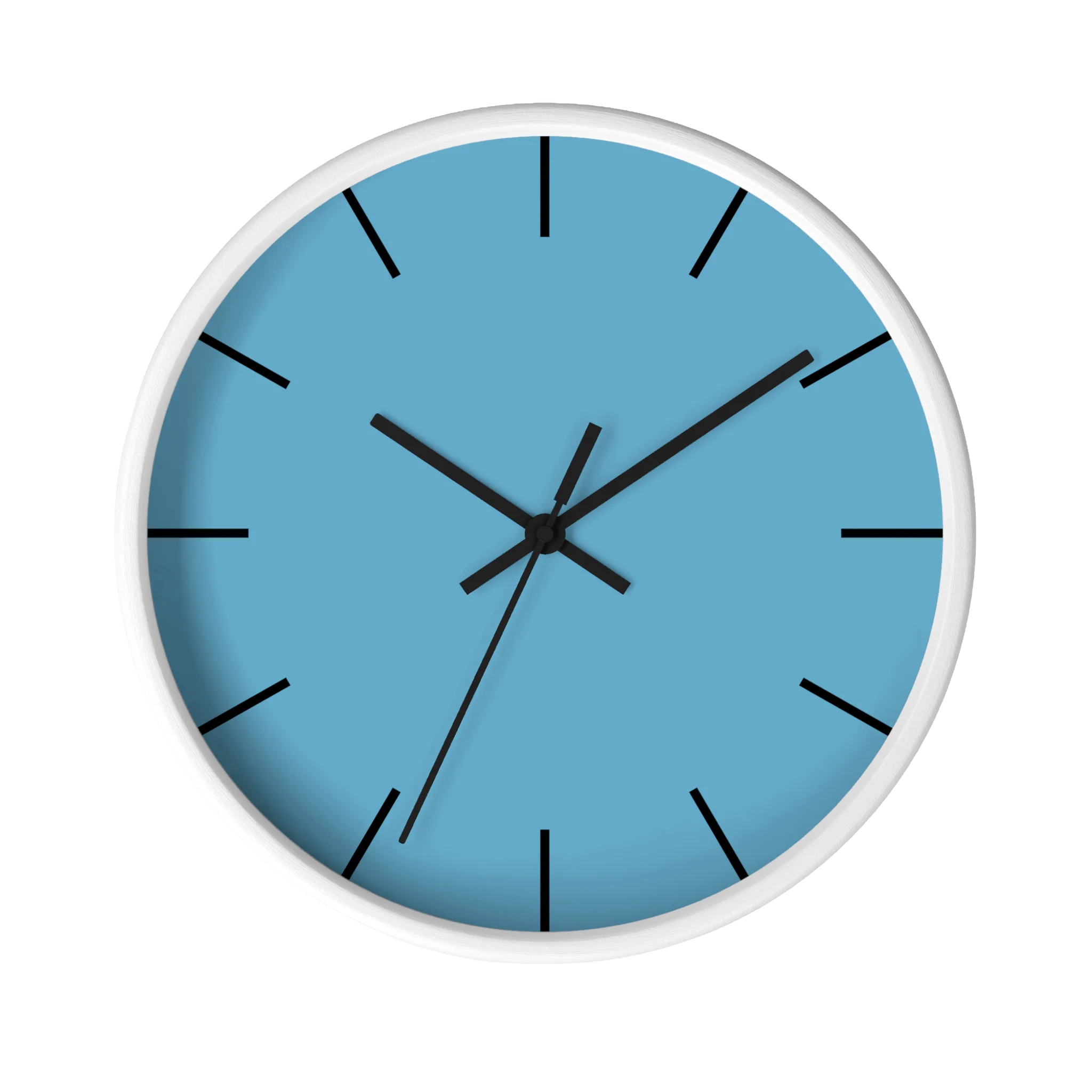 Vintage aqua silent wall clock, white base, black hands, black markers, 10 inch, front view.