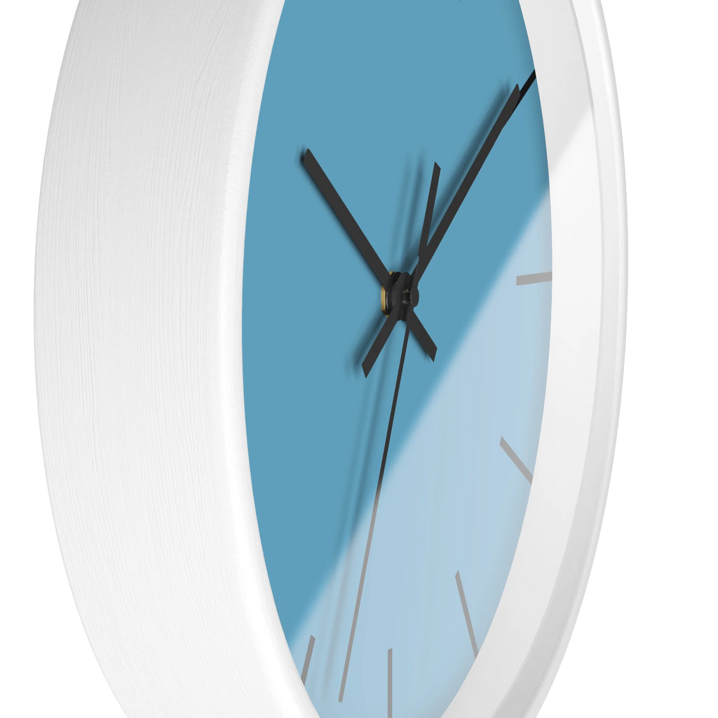 Vintage aqua silent wall clock, white base, black hands, black markers, 10 inch, side view.