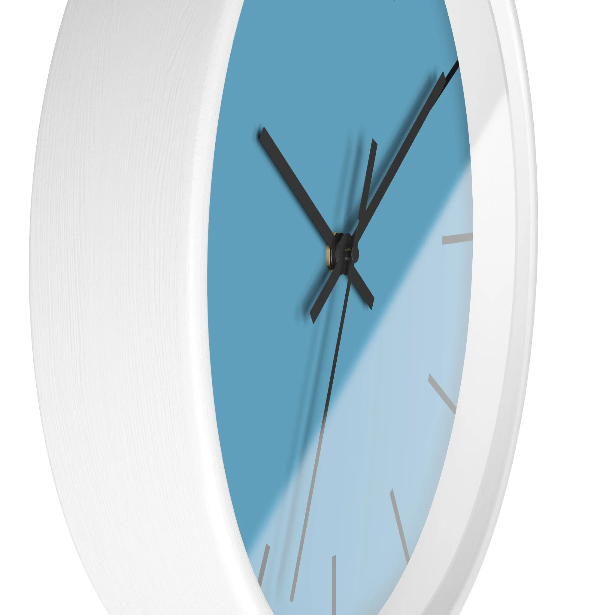 Vintage aqua silent wall clock, white base, black hands, black markers, 10 inch, side view.