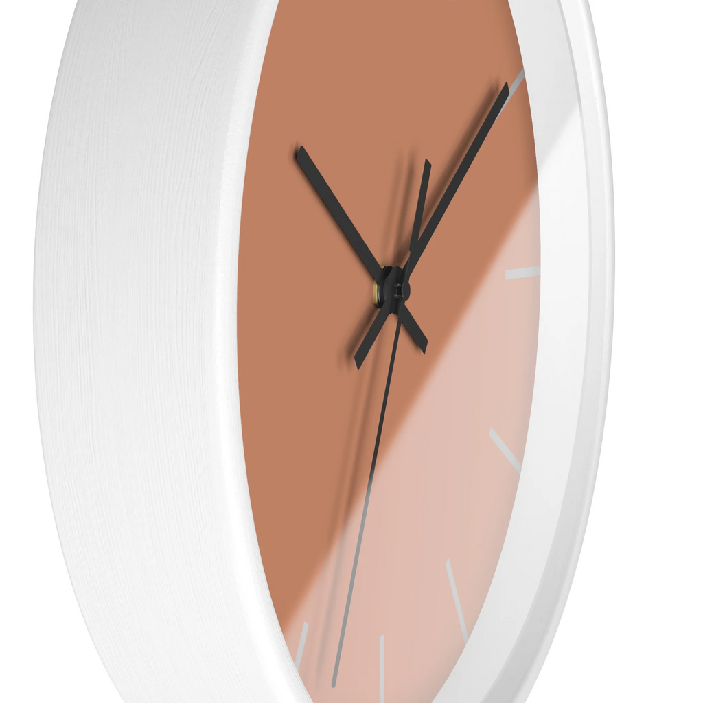 Vintage salmon silent wall clock, white base, black hands, light grey markers, 10 inch, side view.