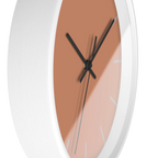 Vintage salmon silent wall clock, white base, black hands, light grey markers, 10 inch, side view.