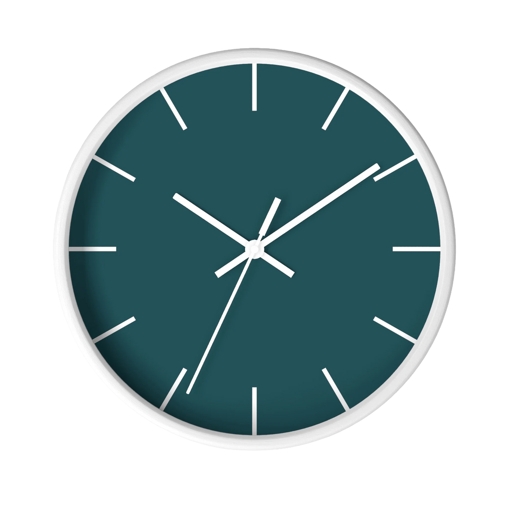 Abstract teal silent wall clock, white base, white hands, white markers, 10 inch, front view.