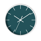 Abstract teal silent wall clock, white base, white hands, white markers, 10 inch, front view.