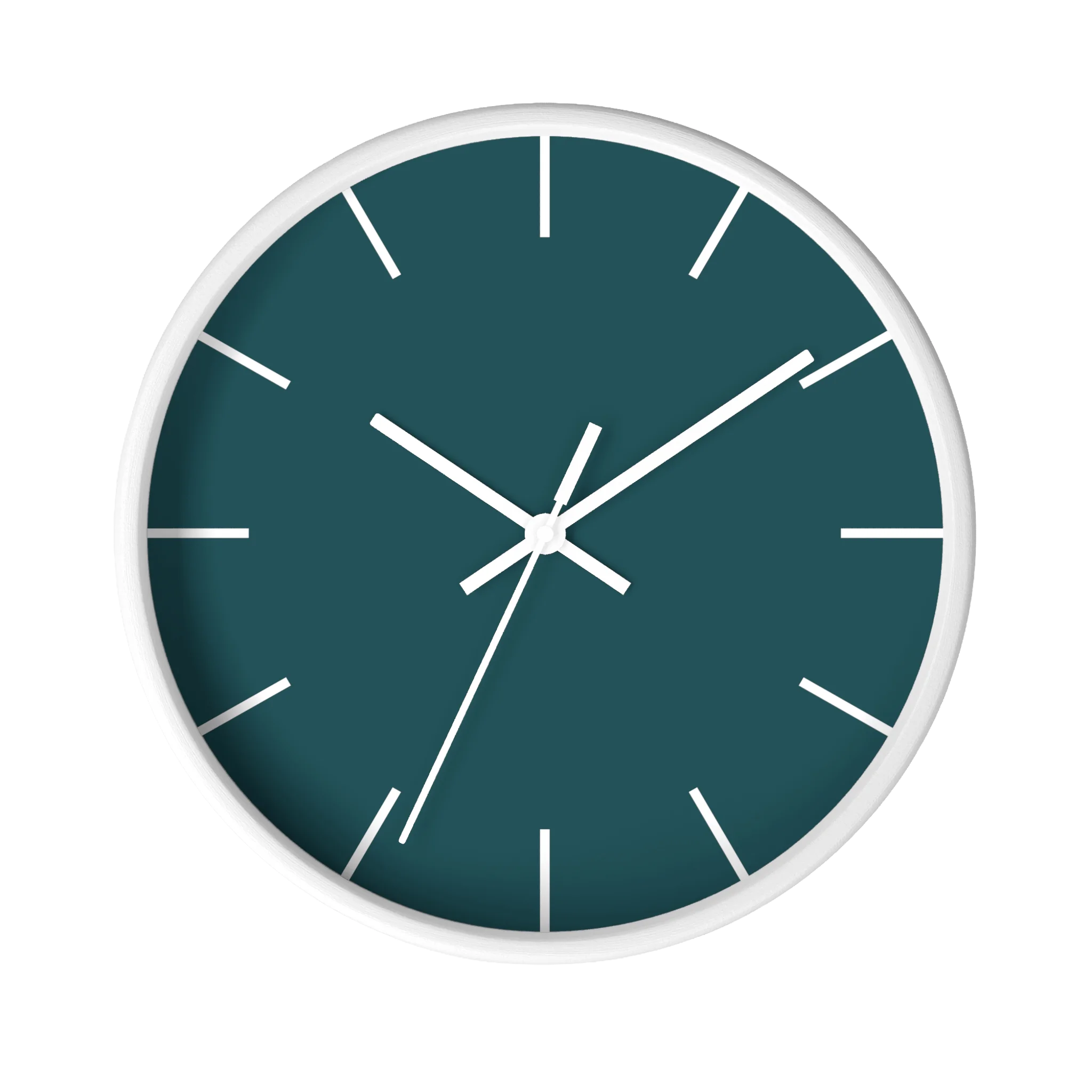 Abstract teal silent wall clock, white base, white hands, white markers, 10 inch, front view.