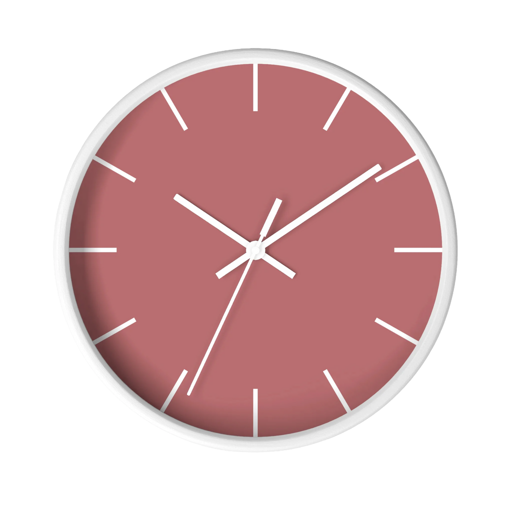 Adore pink silent wall clock, white base, white hands, white markers, 10 inch, front view.
