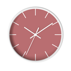 Adore pink silent wall clock, white base, white hands, white markers, 10 inch, front view.