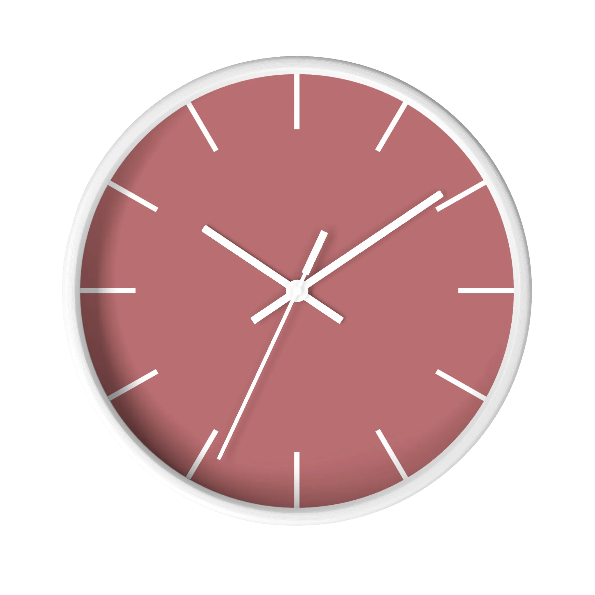 Adore pink silent wall clock, white base, white hands, white markers, 10 inch, front view.