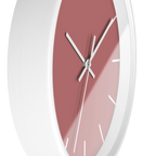 Adore pink silent wall clock, white base, white hands, white markers, 10 inch, side view.