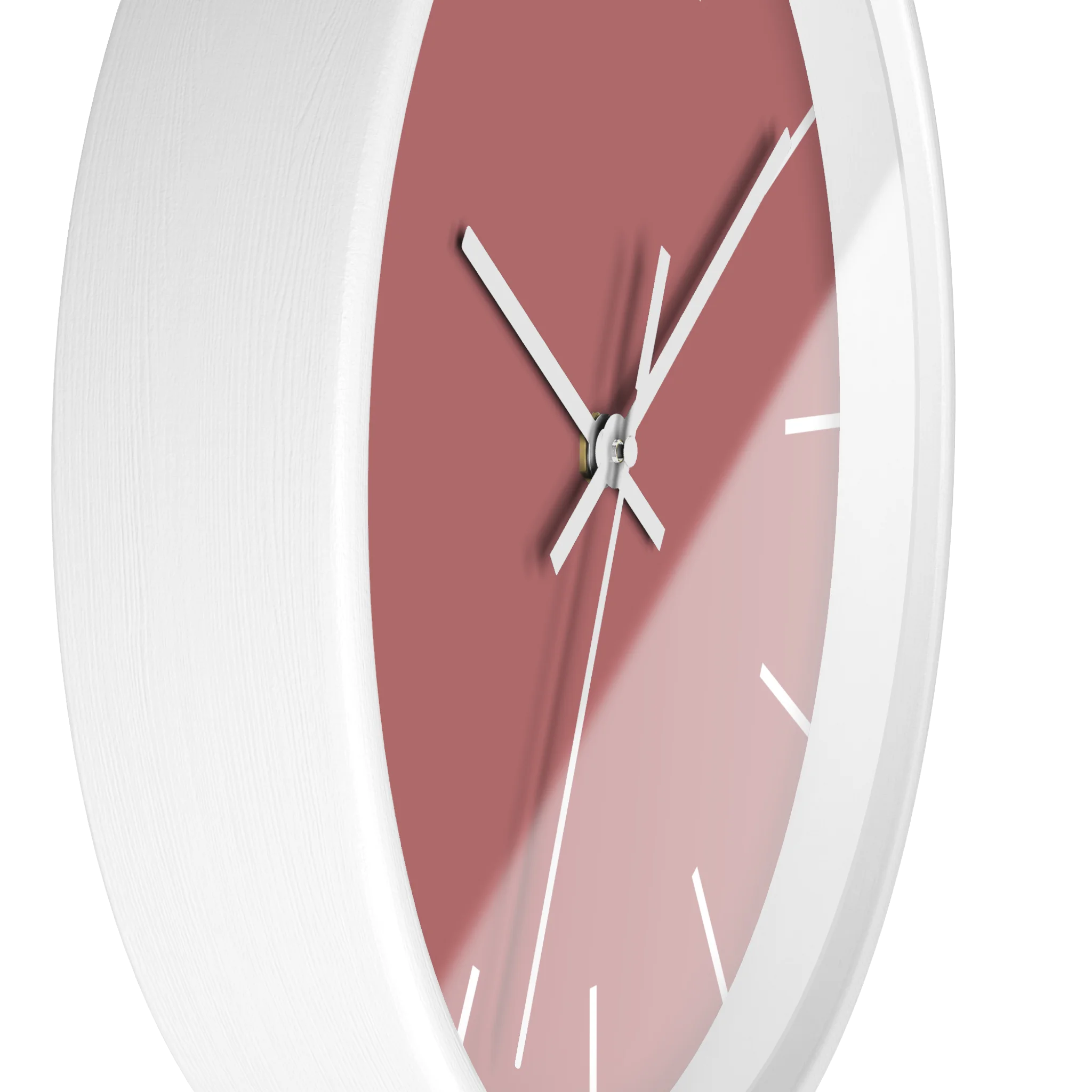 Adore pink silent wall clock, white base, white hands, white markers, 10 inch, side view.