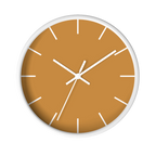 Amber apple cider silent wall clock, white base, white hands, white markers, 10 inch, front view.