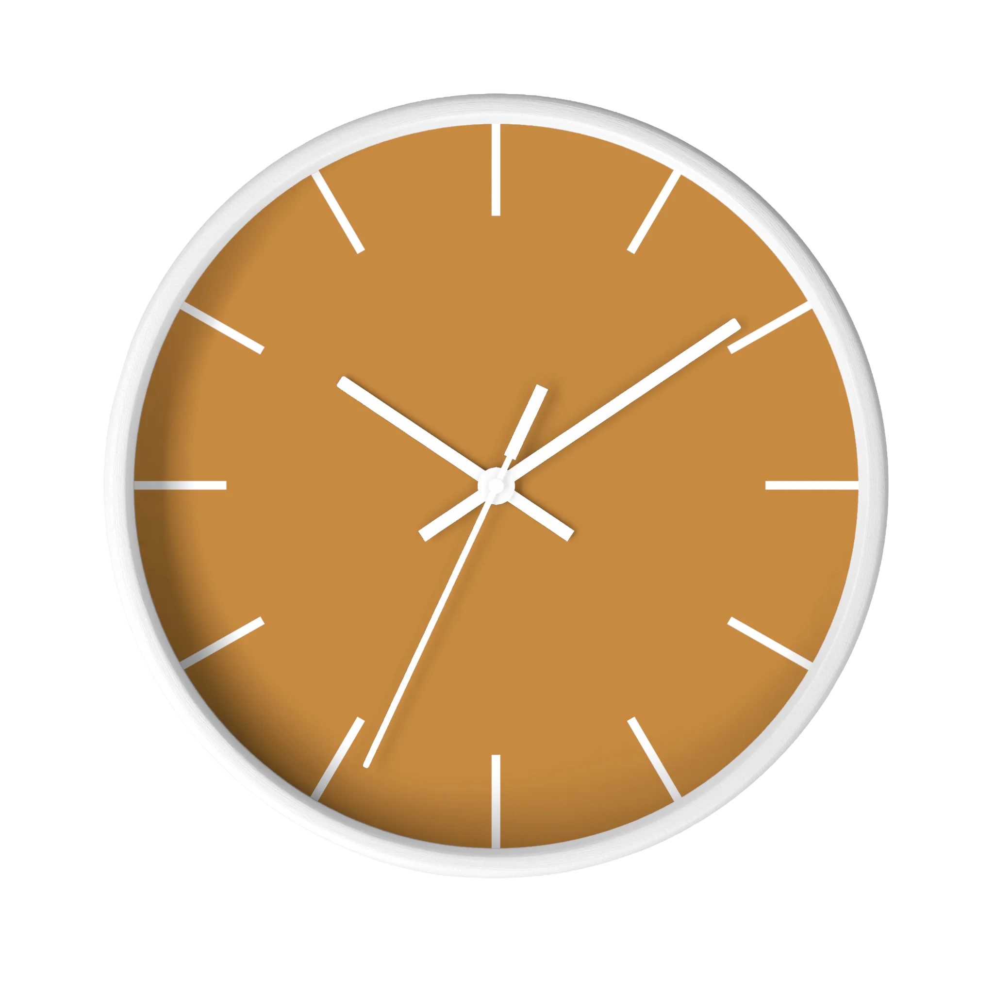 Amber apple cider silent wall clock, white base, white hands, white markers, 10 inch, front view.