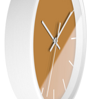 Amber apple cider silent wall clock, white base, white hands, white markers, 10 inch, side view.