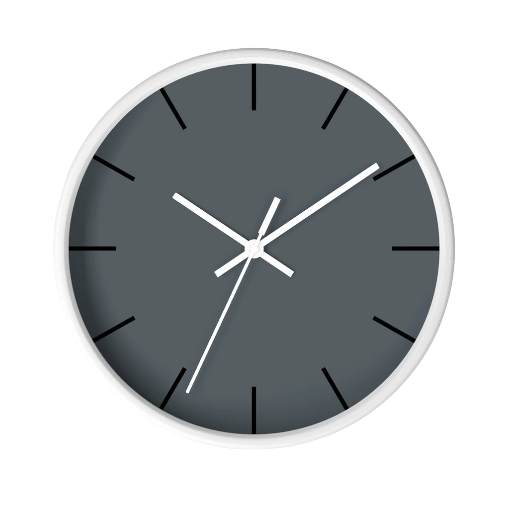 Anchor grey slate silent wall clock, white base, white hands, black markers, 10 inch, front view.