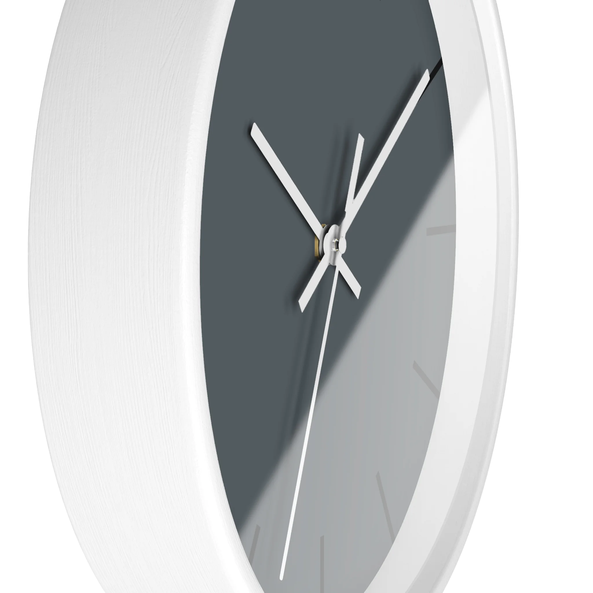 Anchor grey slate silent wall clock, white base, white hands, black markers, 10 inch, side view.