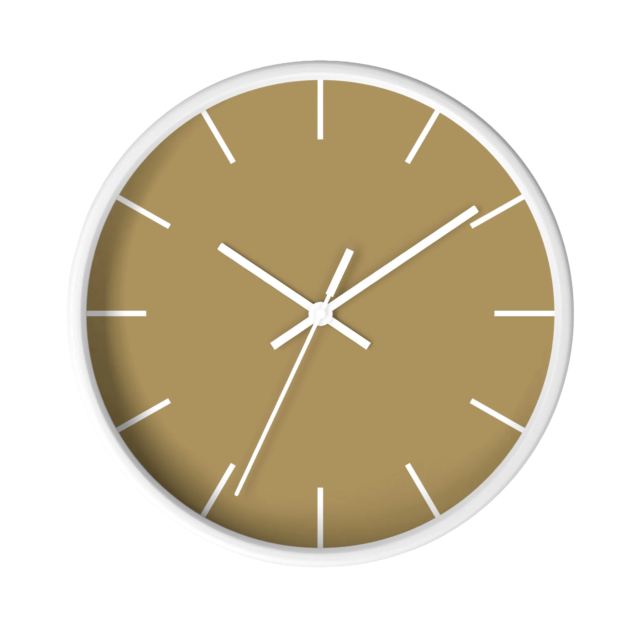Ash mustard silent wall clock, white base, white hands, white markers, 10 inch, front view.