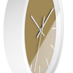 Ash mustard silent wall clock, white base, white hands, white markers, 10 inch, side view.